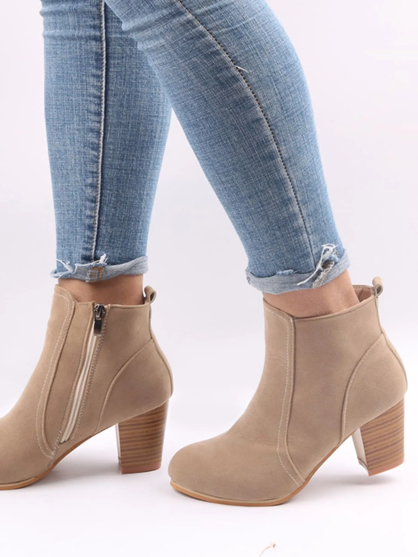 Women Faux Suede Zip Side Boots, Round Toe Chunky Heeled Classic Boots