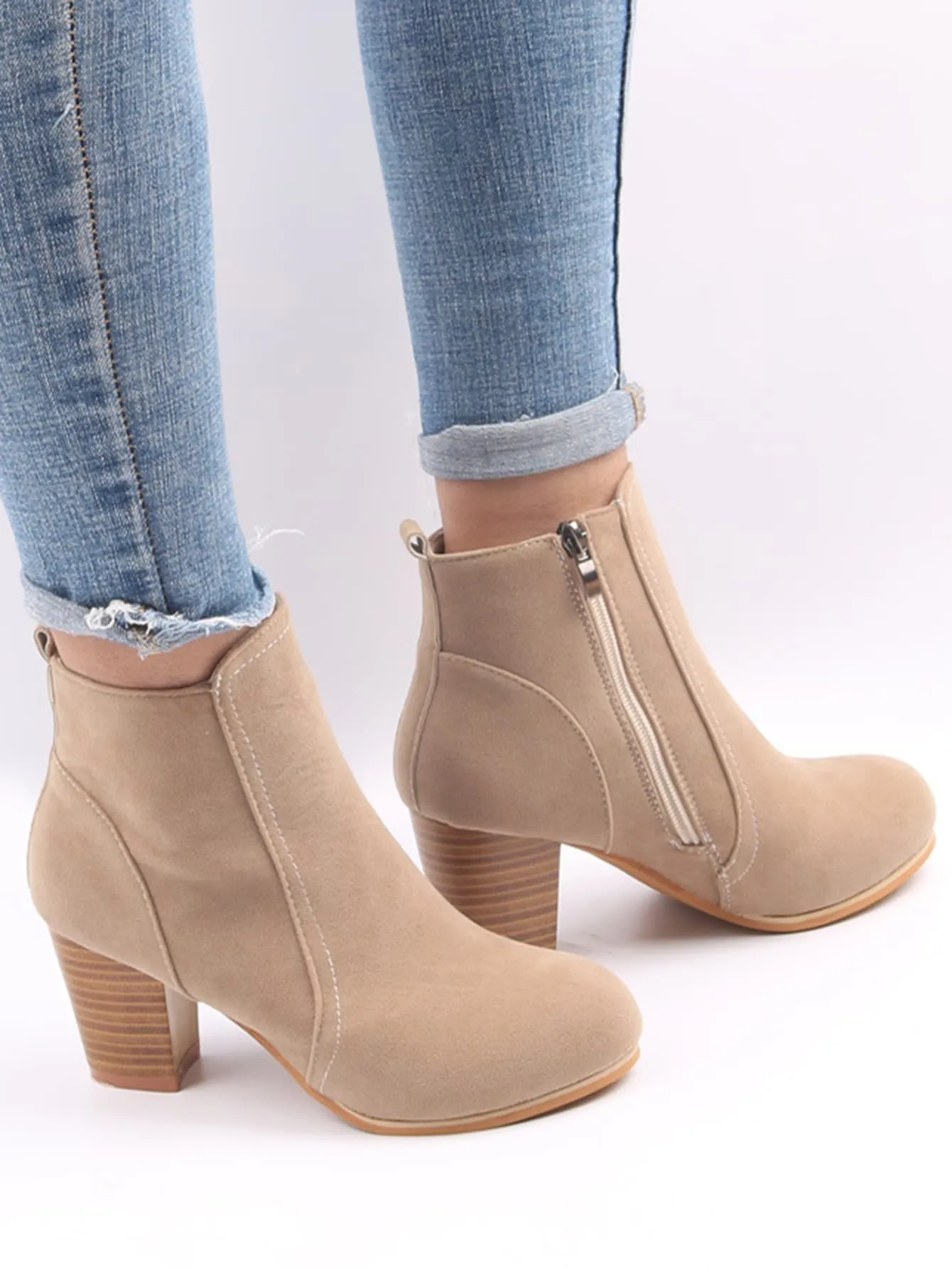 Women Faux Suede Zip Side Boots, Round Toe Chunky Heeled Classic Boots