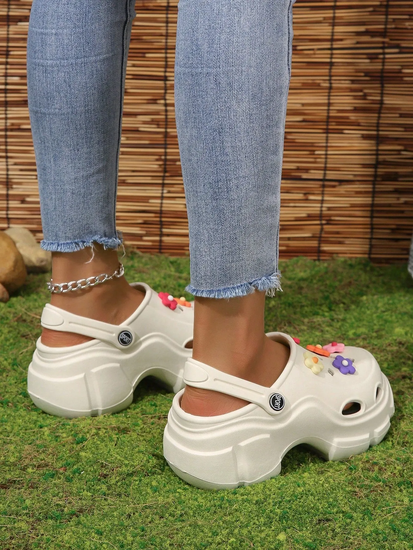 Women Flower Decor Hollow Out Vented Clogs, EVA Slingback Fashion Clogs