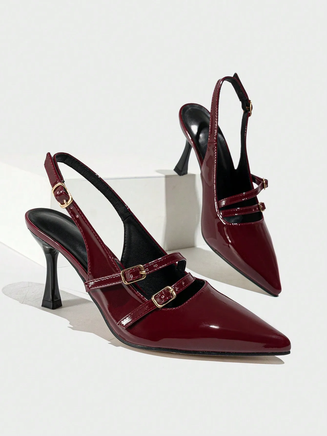 Women High Heel Single Shoes With Thin Heels, Pointed Toes, Multiple Buckle Straps And Back Straps