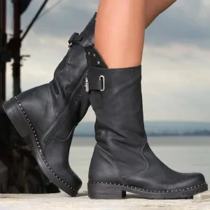 Women square low heel studded mid calf motorcycle boots