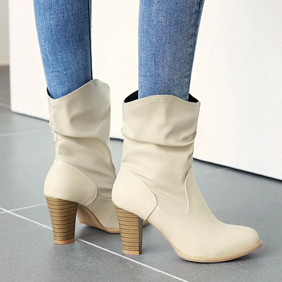 Women western slip on solid color short chunky high heel boots