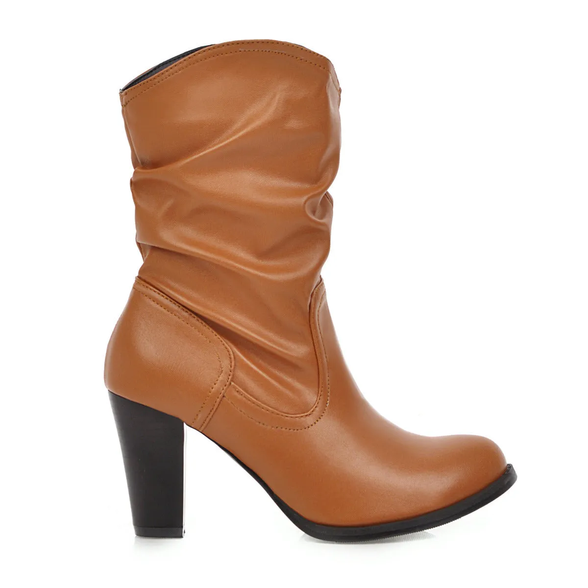 Women western slip on solid color short chunky high heel boots