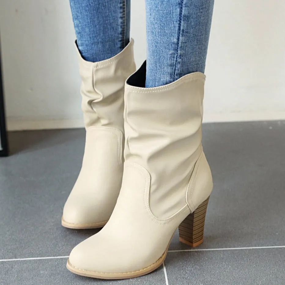 Women western slip on solid color short chunky high heel boots