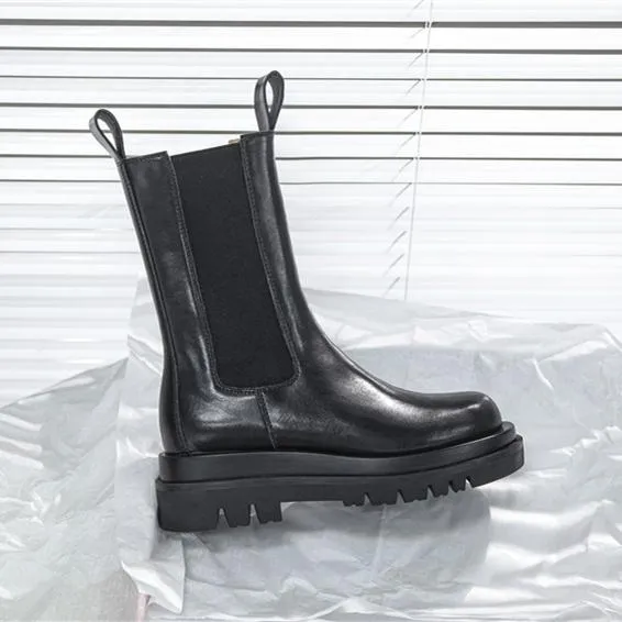 Women winter fall chunky platform slip on chelsea black boots