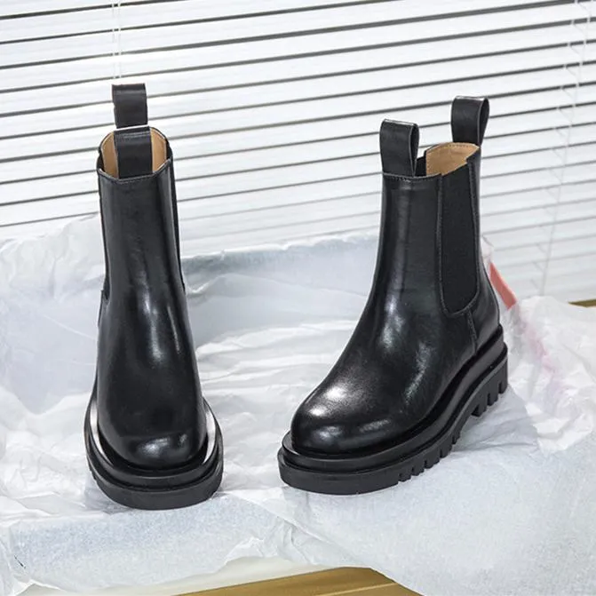 Women winter fall chunky platform slip on chelsea black boots