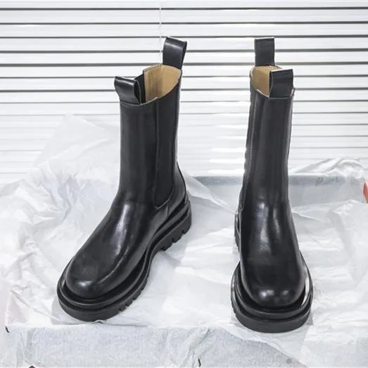 Women winter fall chunky platform slip on chelsea black boots