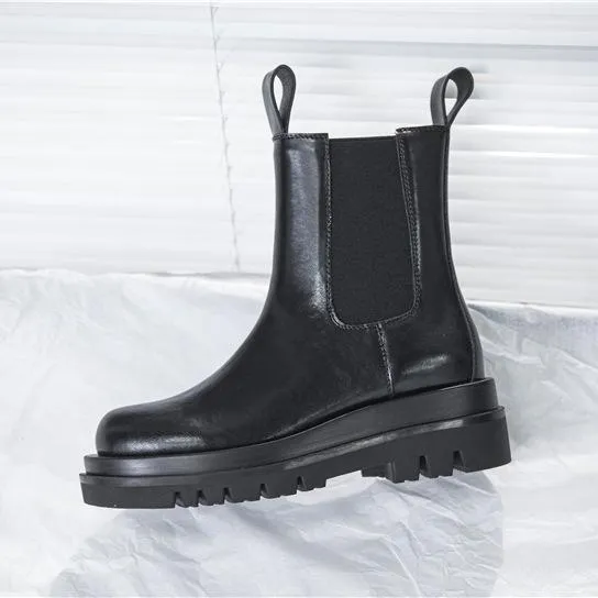 Women winter fall chunky platform slip on chelsea black boots