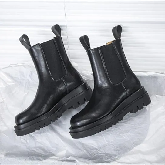 Women winter fall chunky platform slip on chelsea black boots