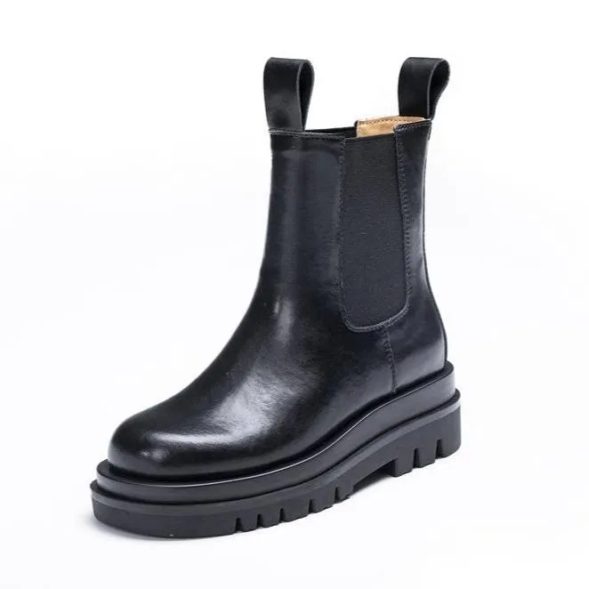 Women winter fall chunky platform slip on chelsea black boots