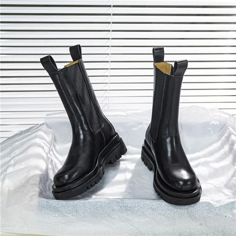 Women winter fall chunky platform slip on chelsea black boots