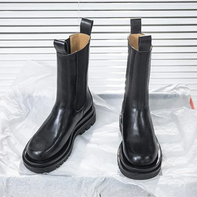 Women winter fall chunky platform slip on chelsea black boots