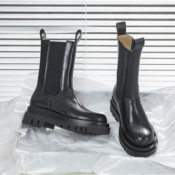 Women winter fall chunky platform slip on chelsea black boots