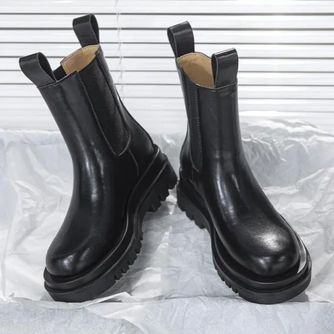 Women winter fall chunky platform slip on chelsea black boots