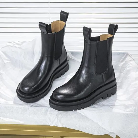 Women winter fall chunky platform slip on chelsea black boots