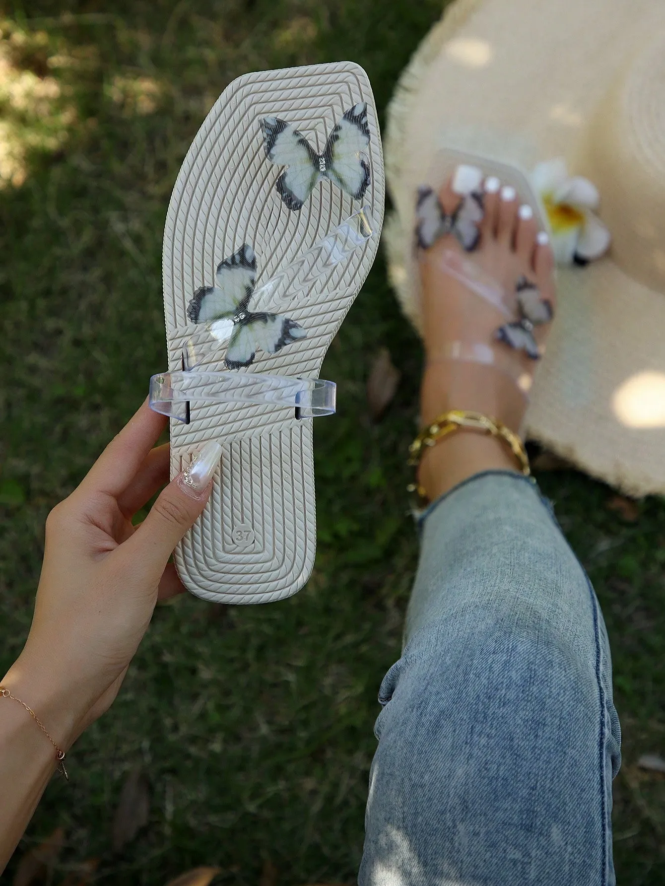 Women's Fashionable See-through Strap & Butterfly Decor Eva Flat Sandals For Holiday