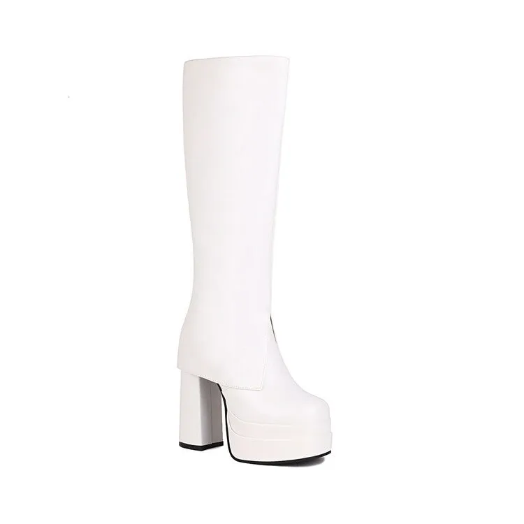 Women's Fold Pu Leather Block Heel Platform Knee High Boots