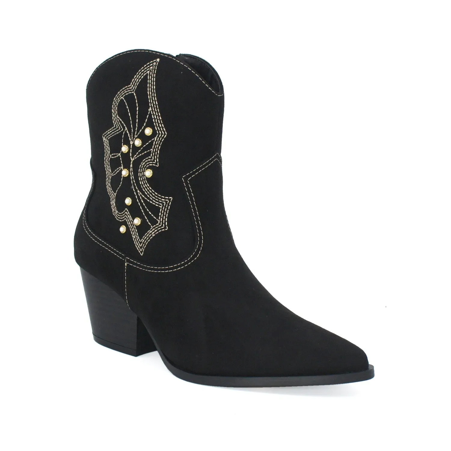 Womens Pearl Chunkly Heel Western Booties - Black