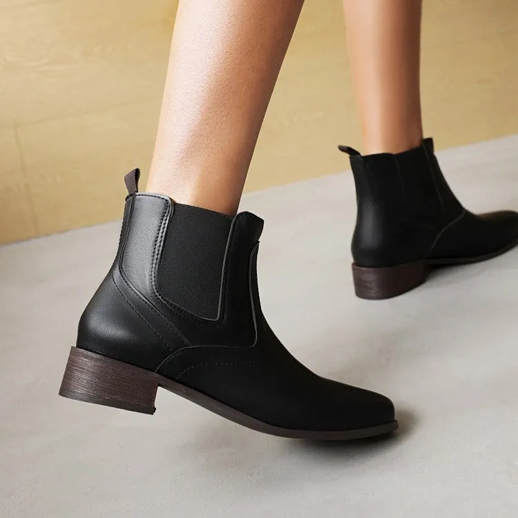 Women's Pu Leather Square Toe Stretch Block Heel Short Boots