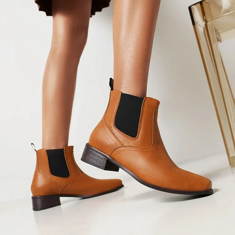 Women's Pu Leather Square Toe Stretch Block Heel Short Boots