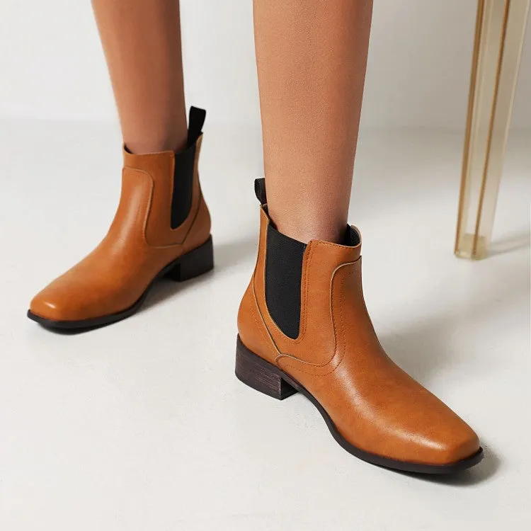 Women's Pu Leather Square Toe Stretch Block Heel Short Boots