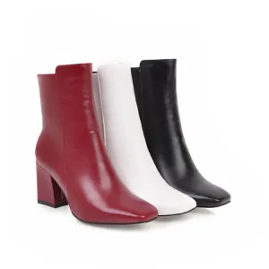 Women's Pu Leather Square Toe Zip Block Heel Short Boots