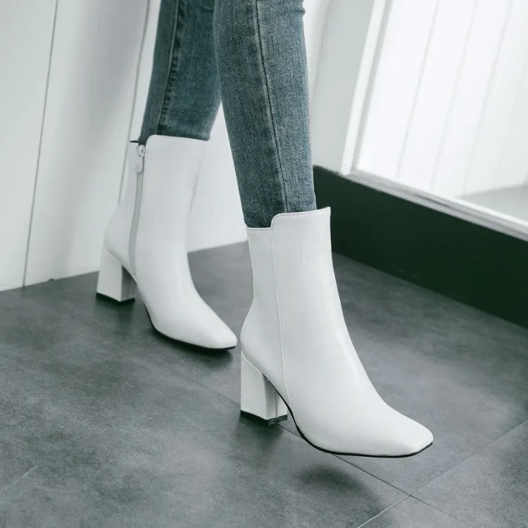 Women's Pu Leather Square Toe Zip Block Heel Short Boots