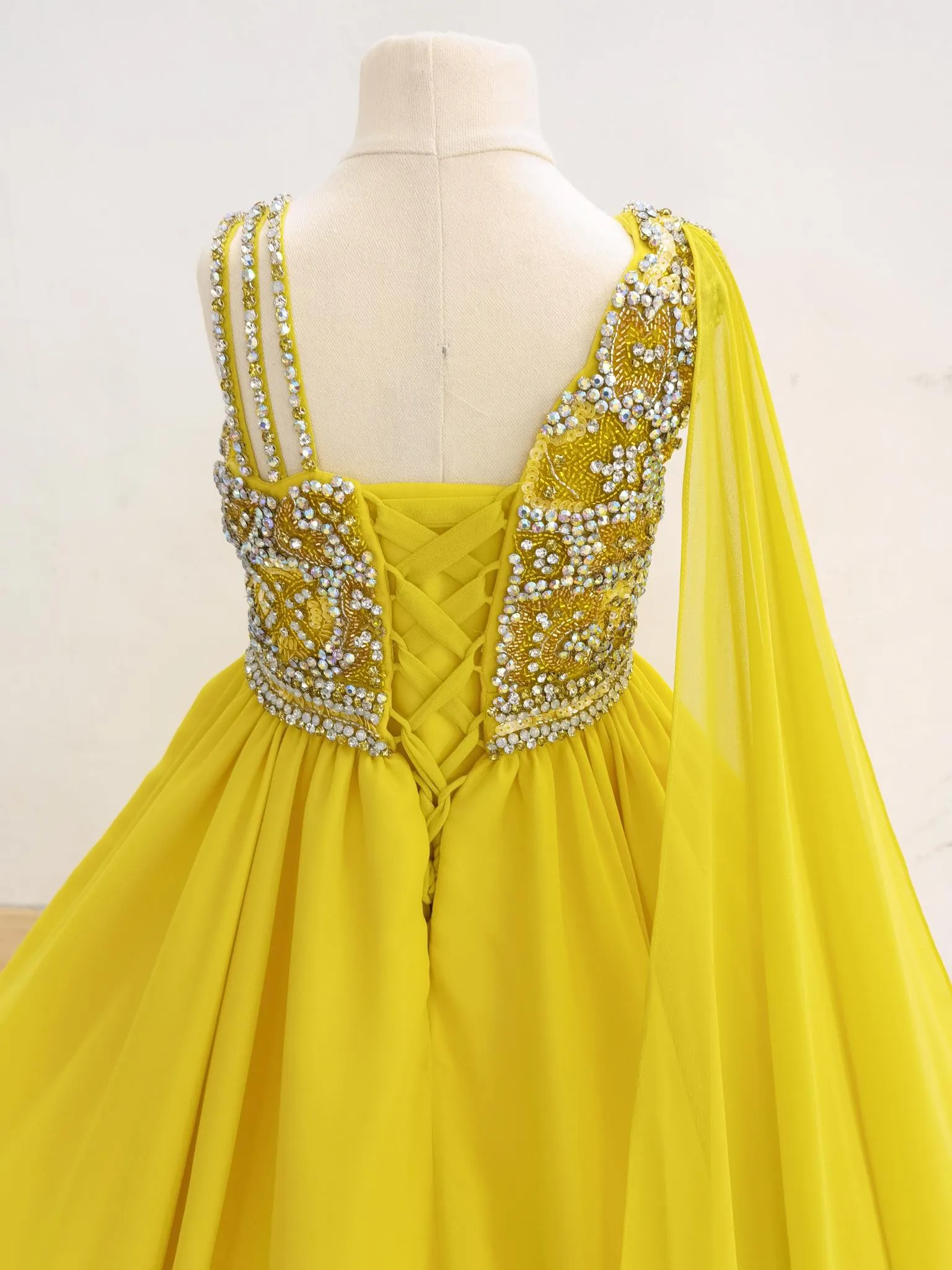 Yellow Glitz Heavy Beaded Bodice Child Pageant Dress with Long Shawl